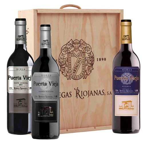 3 x bottle Puerta Vieja Crianza, Tino and Reserva In Wooden Case - Premium Quality